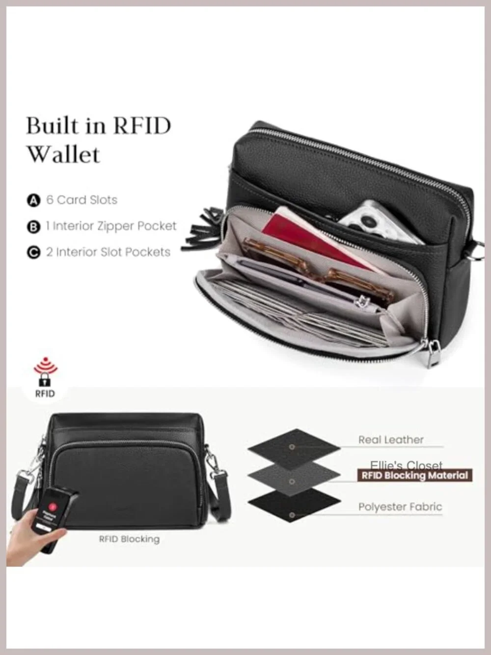 Genuine Leather Crossbody Bag with RFID Wallet Tassel Travel Purse